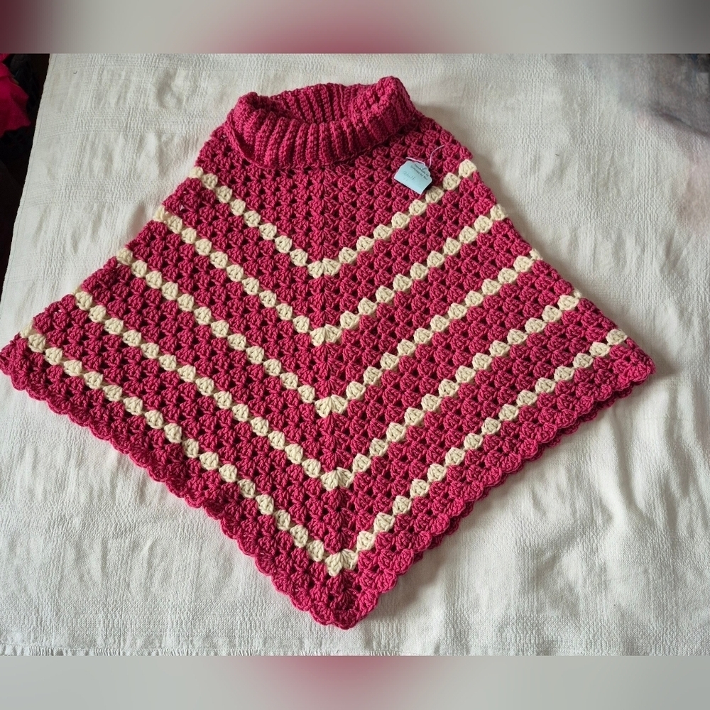 Hand Crafted Dusty Rose with cream stripe cowl neck poncho NEW